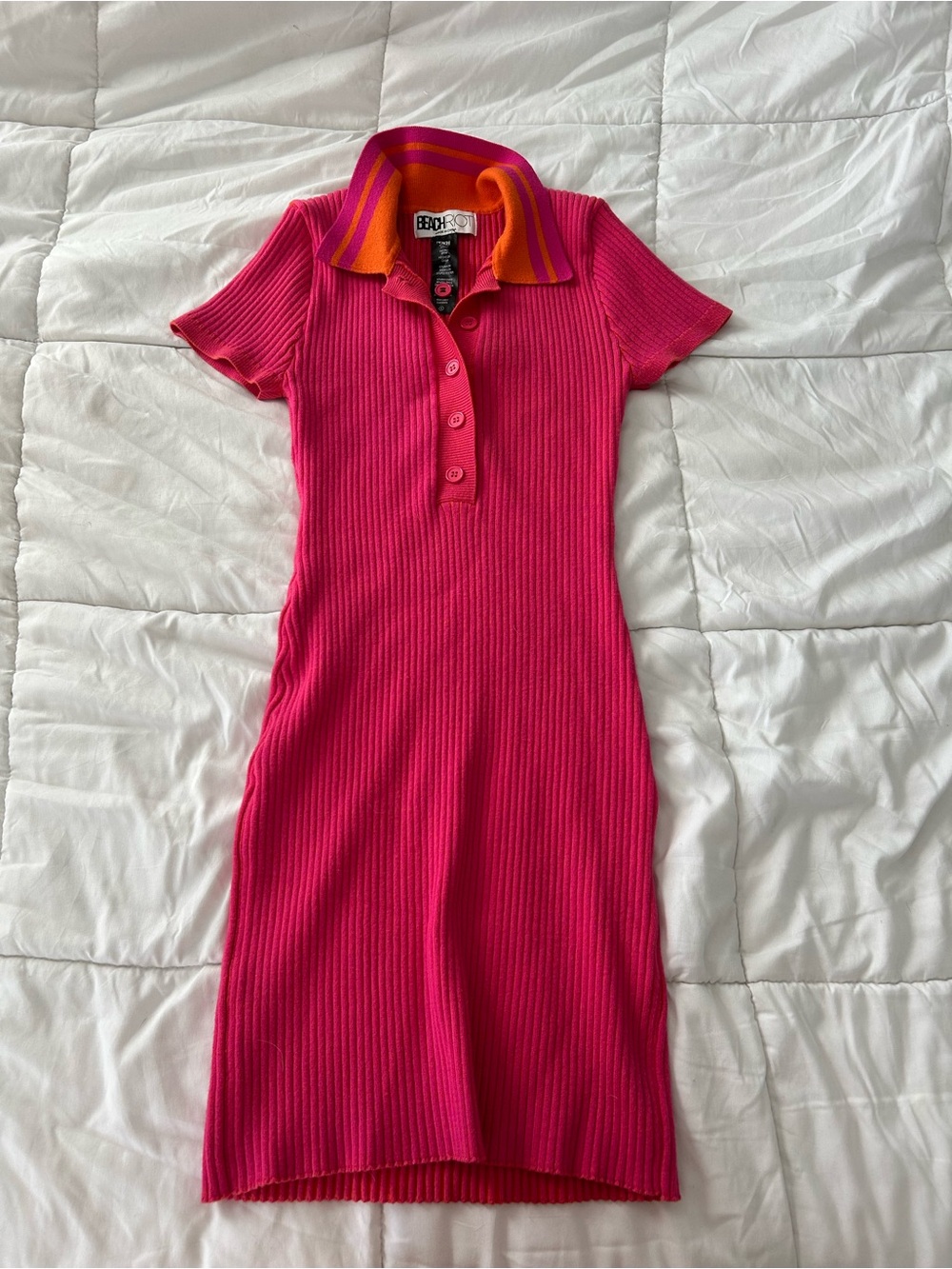 Beach Riot Hot Pink Ribbed Polo Dress with Orange & Purple Striped Collar